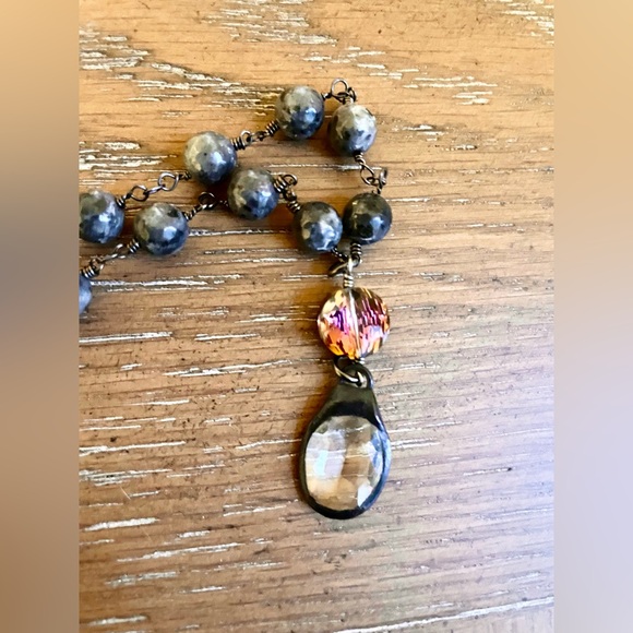 Short Black Marbled Linked Bead Necklace Crystal Amber Drop Choker - Picture 3 of 5